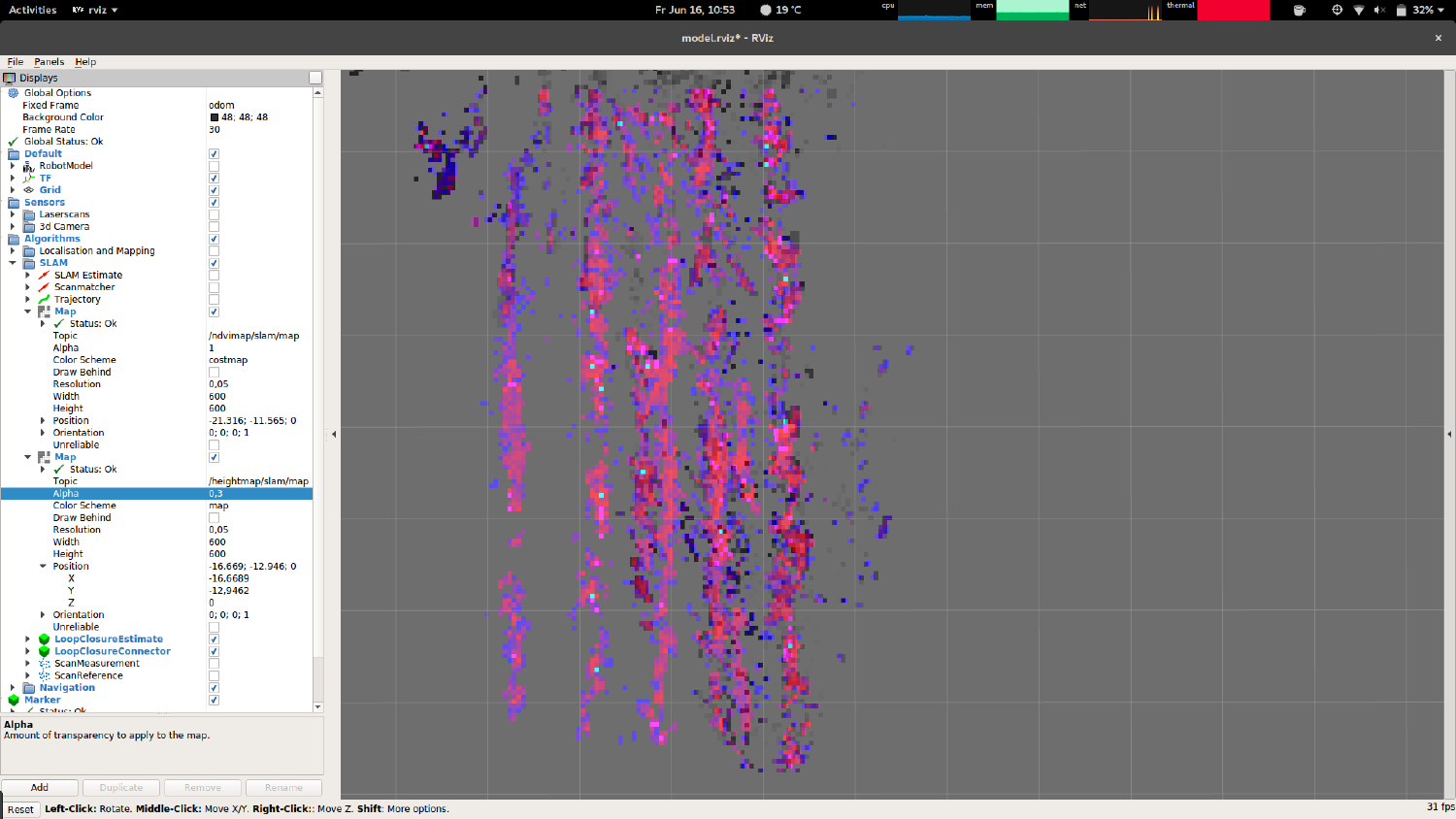 screenshot of rviz where the NDVI map of five maize rows is shown. The mapping is blue and purple.