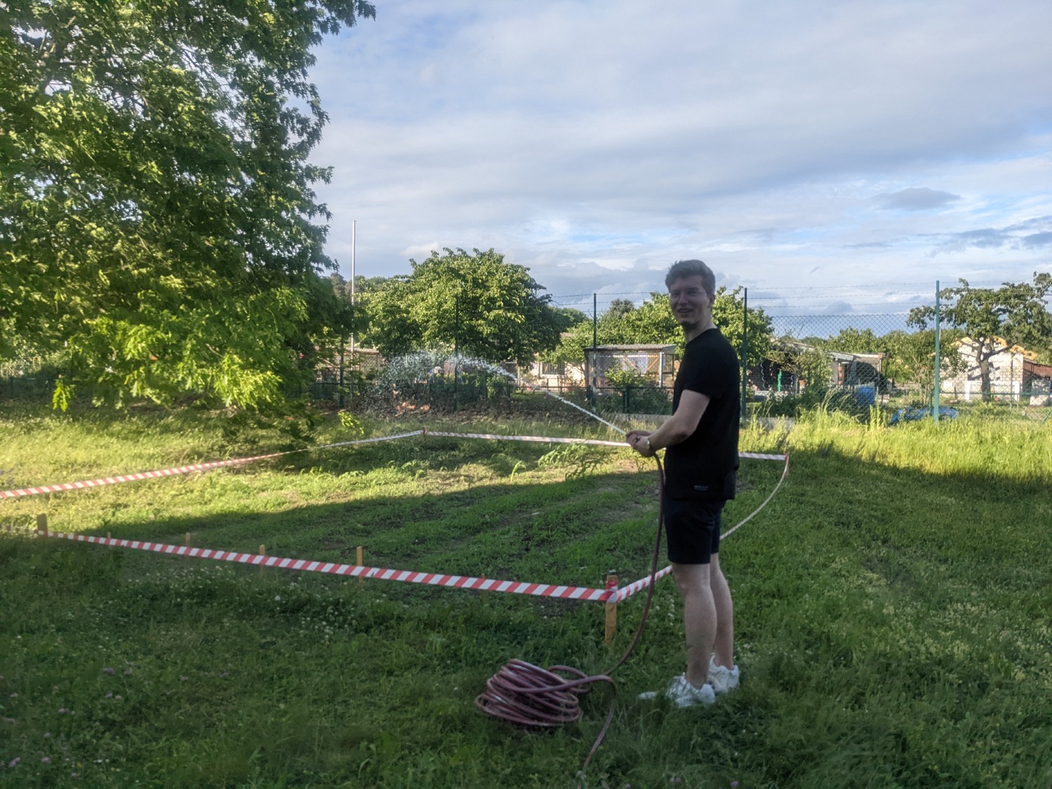 A few weeks later, Leon watering the corn field