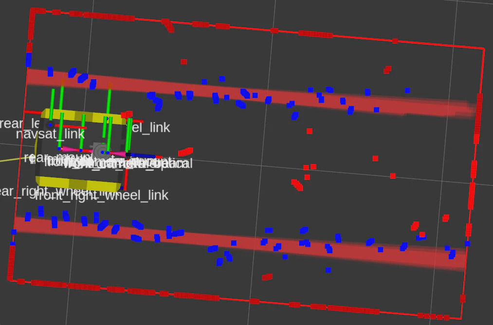 view of rviz with lidar data and a red bounding box and lines showing the prediction of the algorithm