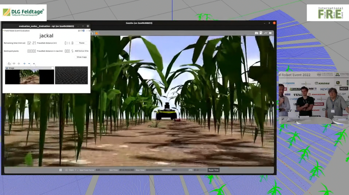 Screenshot der FRE Live Streams zum simulierten Teil. Links ist die Simulationsumgebung Gazebo und rechts die Kommentatoren